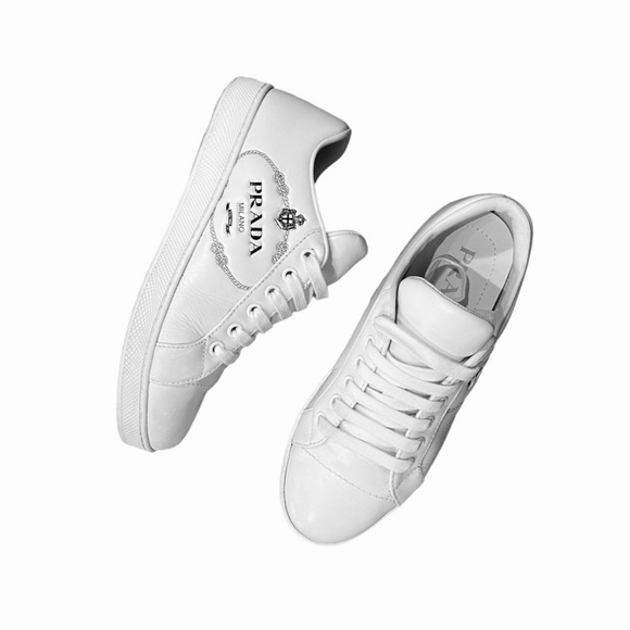 PRADA Logo-Embossed Low Top White Leather Sneakers - Picture 2 of 9
